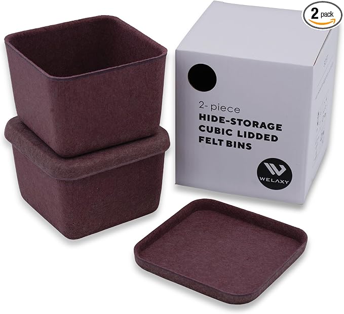 2-piece cubic lidded felt drawer organizer bin desktop stackable storage container with lid decluttering home office for jewelry watch clips binder office supplies (Wild Berry)