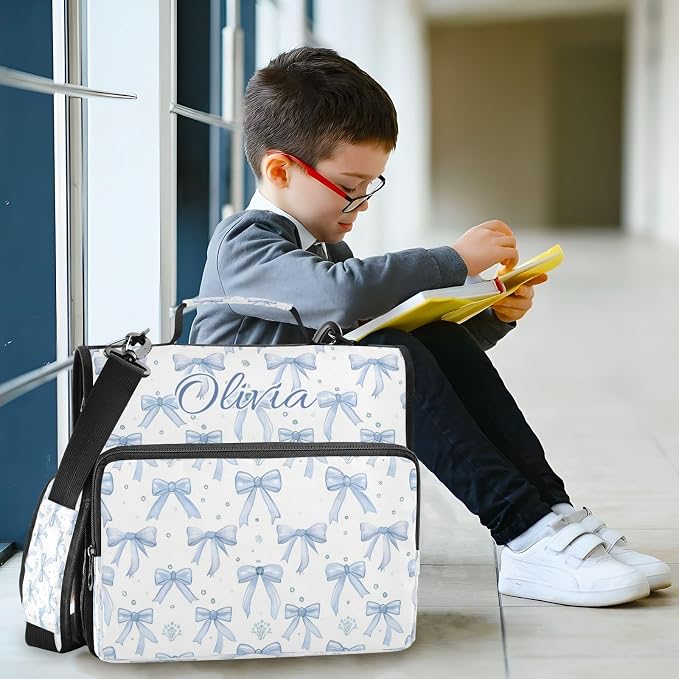 Personalized Blue Bow 1.5 Inch Zipper Binder with Name,3 Ring School Binder | Your selected font will be printed with a matching outline to complement the bow design.