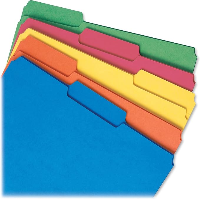 Smead Interior File Folder, 1/3-Cut Tab, Letter Size, Assorted Primary Colors, 100 per Box, Expandable File Folders for Filing Cabinet