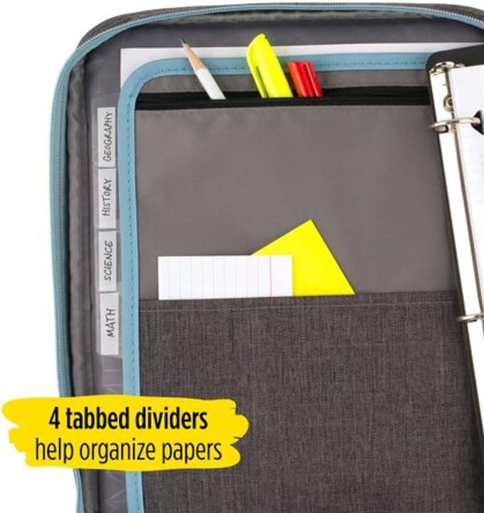 Five Star Zipper Binder, 1 Inch 3-Ring Binder with Round Rings, Carry-All with Pockets and 4-Tab Dividers, 375 Sheet Capacity, Gray/Mint (29092BH0)
