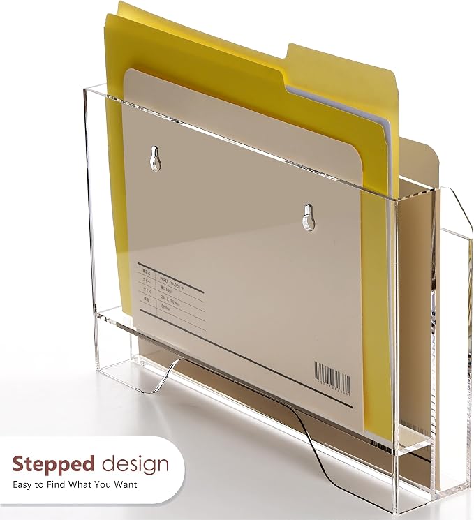 DINGHUO Wall Hanging File Organizer, Acrylic Mail Organizer wall mounted File Holder, Clear 2 Tier Folder Paper Document Magazine Rack for Desk Office School Home - 1 Pack