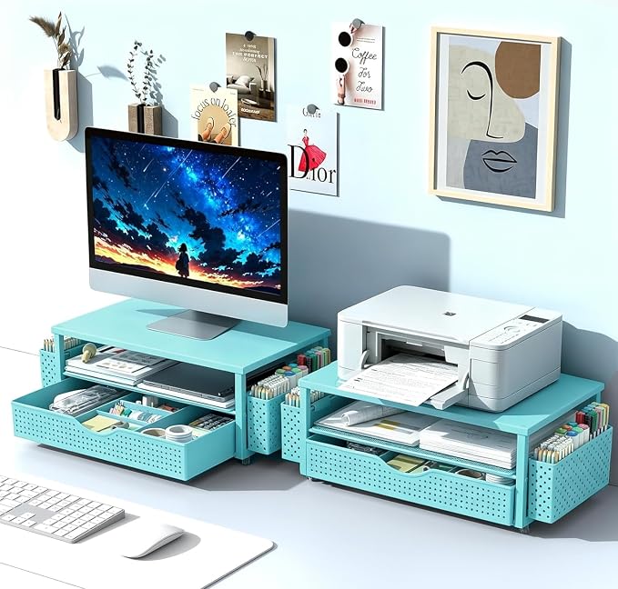 Spacrea Desk Organizer and Accessories, Computer Monitor Stand Riser with Drawer and 2 Pen Holders, Office Desk Accessories & Workspace Organizers for Office Supplies (Blue)