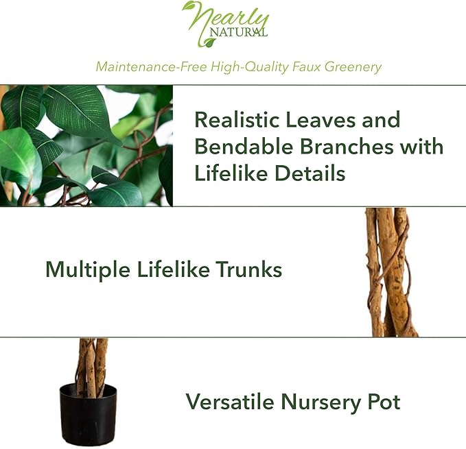 Nearly Natural 74 in Triple Trunk Artificial Ficus Tree for Home Decor | Lush Deep Green Leaves, Natural Wood Trunks, Black Nursery Planter, Ideal for Indoor Home Decor