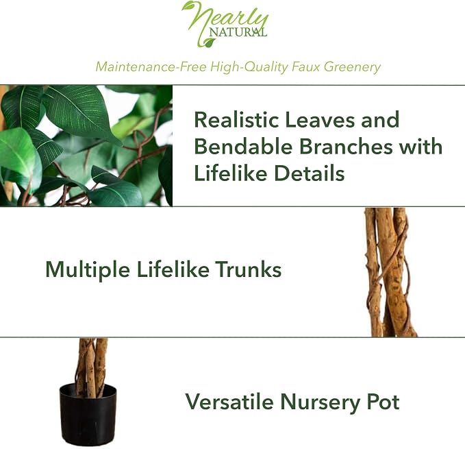 Nearly Natural 10 ft Artificial Ficus Tree Planter Floor Plant | Nature-Inspired Trunk, More than 1500 Lifelike Leaves, Black Nursery Planter Included, Office and Living Room Foyer Decor