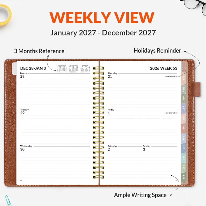 SUNEE 2027 Weekly & Monthly Planner 6.2"x8.5"- 12 Month (January 2027 - December 2027), Vegan Leather Cover, Pocket, Bookmark, Notes, Monthly Tab, Brown