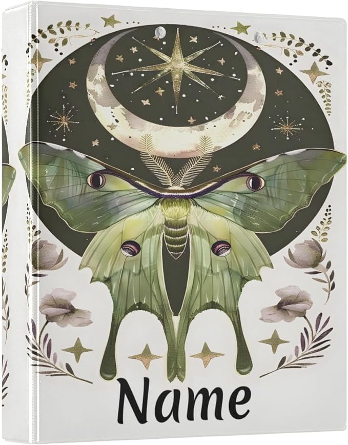 Custom 3 Ring Binder Moth Moon Art 1.5" Round Ring Binders Personalized Name View Binder with 200 Sheet for Women Men Office Kids School Supplies, 1 Pack