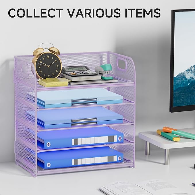 5-Tier Stackable Paper Organizer with Handle, Purple | Metal Mesh Letter Tray, Elegant Desk File Sorter for Office, Home & Classroom Organization