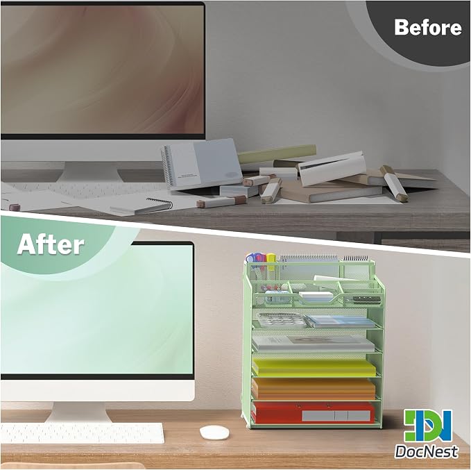 Docnest 6 Tier Mesh Desk Organizer with Letter Tray & Paper Sorter, Green | Features 3 built-in pen holders & 5 adjustable compartments on top. Includes 4 non-slip rubber feet for desk protection