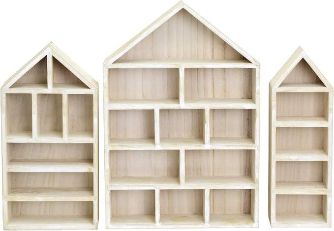Ikee Design Wooden Shadow Box Display Shelf Organizer | Wall-mountable wood display rack with 5 adjustable shelves for figurines, action figures and collectibles.