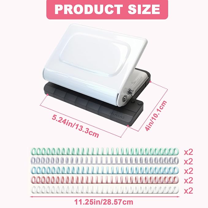 10 Hole Punch Binding Machine for Planner, Manual Binding System with 10 Multi-Color Binder Rings for Making 26 Holes on B5, 30 Holes on A4, 20 Holes on A5 Book, 10 Sheet Capacity - White