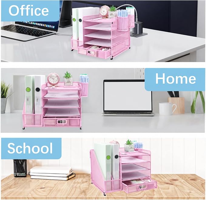 Desk Organizers and Accessories with File Holder, 5-Tier Paper Letter Tray Organiser with Drawer and 2 Pen Holder, Mesh Desktop Document Organizer for Office Supplies, Workspace - Pink