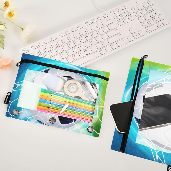Soccer Ball Football on Field Pencil Pouch for 3 Ring Binder, 2 Pack Waterproof Pencil Bags Clear Window Pencil Case Zipper School Office Supplies