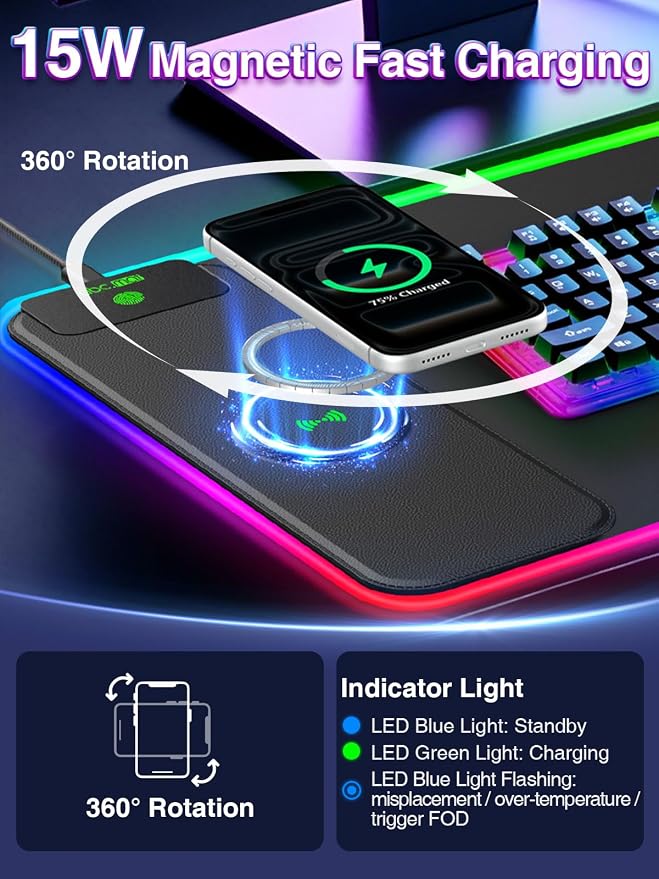 RGB Gaming Mouse Pad with 15W Magnetic Wireless Charging, 31.5'' x 11.8'' | Extra Large LED Mousepad, 24 Lighting Effects Desk Mat with Non-Slip Rubber Base, Waterproof Ultra-Smooth Surface