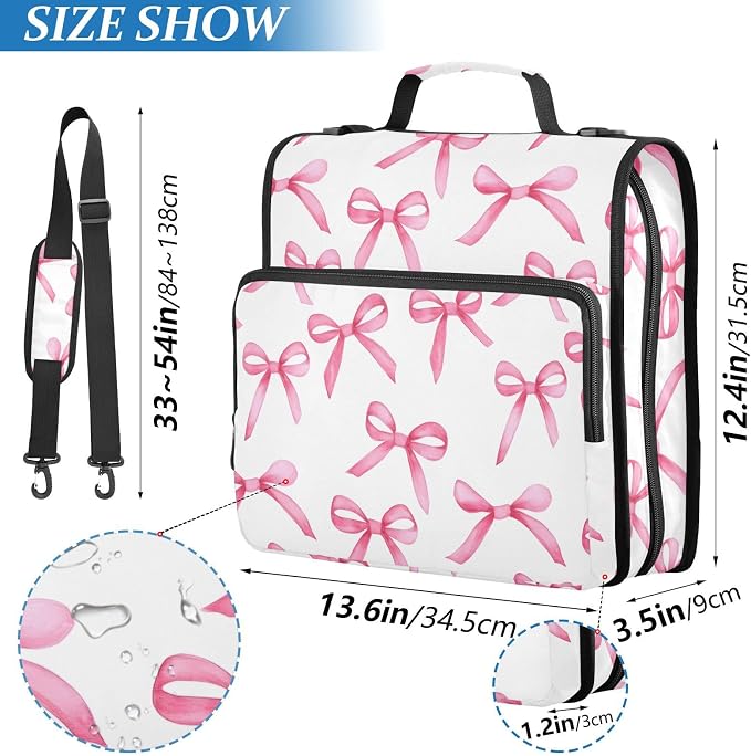 Pink Bows Zipper Binder 3 Ring with Handle and Shoulder Strap, 500 Sheet Binder Organizer Capacity & Multi-Pockets for School Office