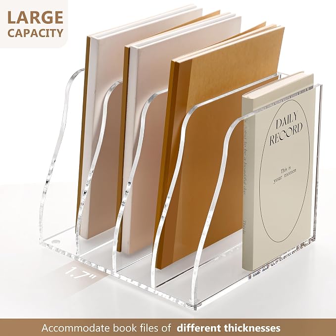 SANRUI Acrylic Magazine File Holder Desk Organizer, Clear 4 Compartments | Workspace Document Sorter, Vertical Folder Rack Binder for Office Home Classroom Tablet, Books & Accessories Storage