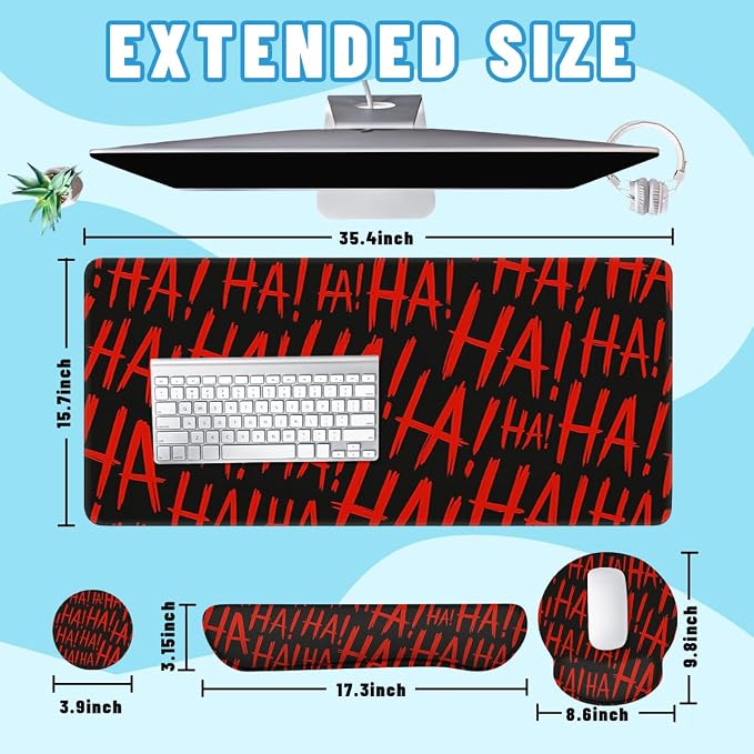 Red Graffiti Mouse Pad Set HaHa Cool Gaming Mousepad 4in1 Desk Mat for Desktop Wrist Support Cup Coaster Set Ergonomic Computer Desk Arm Wrist for Decor Home Office