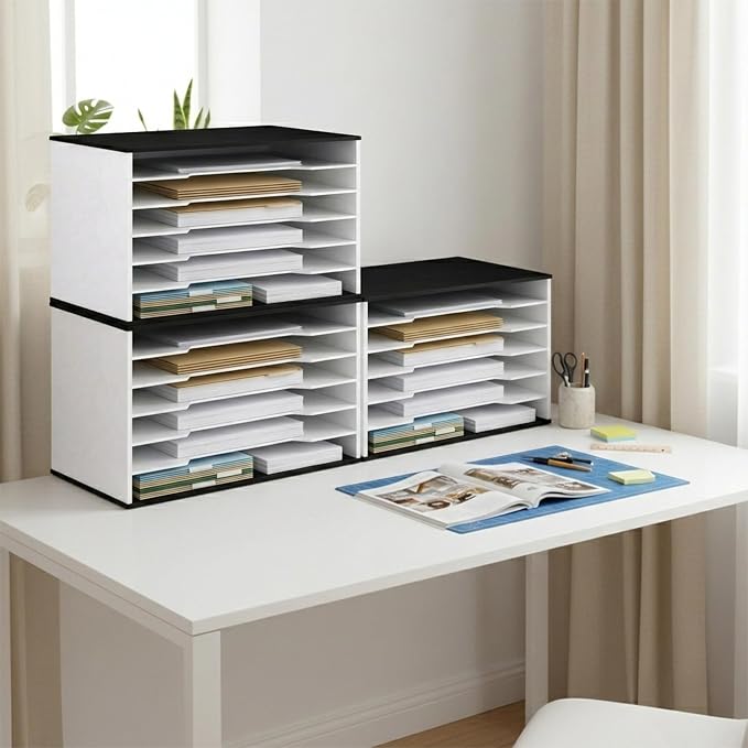 12x18 Construction Paper Organizer, 6-Tier Wooden Flat File for 11x17 & A3 Sheets | Large Durable wood composite organizer Paper Storage for Classroom, Office & Art Room | Black & White|