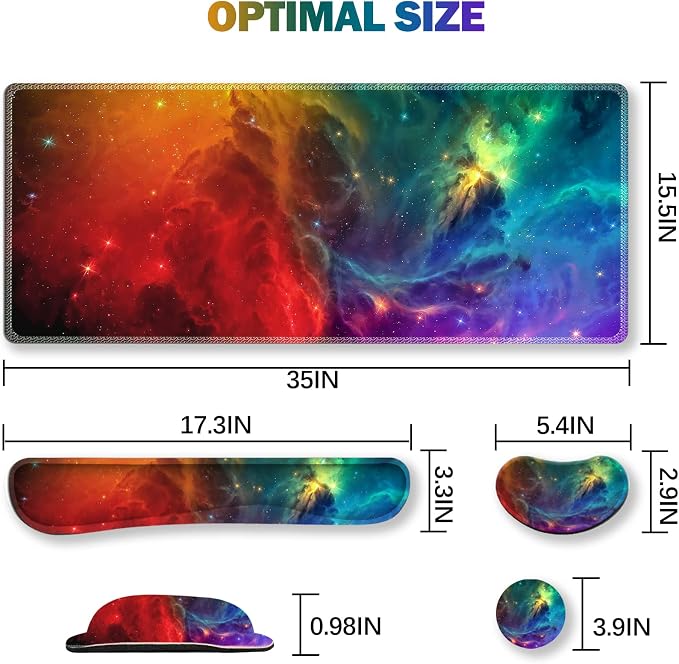 Extended Gaming Mouse Pad Set, Keyboard Wrist Rest Support Pad + Wrist Cushion + XXL Large Mouse Pad + Coaster, Stitched Edge, Non-Slip, Memory Foam Desk Mat, Color Nebula Galaxy