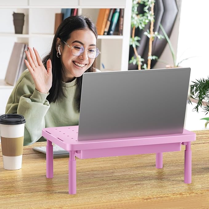 WALI Computer Monitor Stand with Storage, Monitor Riser 3 Height Adjustable | Laptop Riser with Airflow Vents, Desk Organizer for Computer, Printer, Notebook (PTT002-P), 1 Pack, Pink