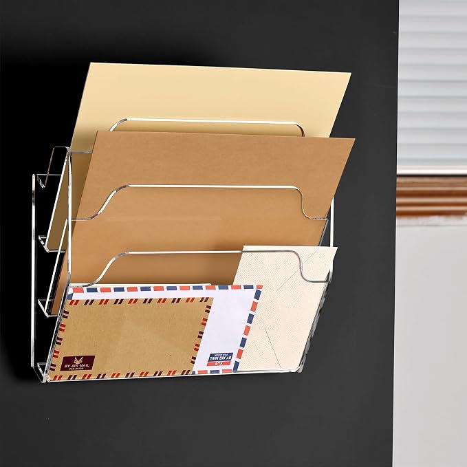 DINGHUO 3 Pockets Acrylic Hanging Wall File Organizer for Office | Wall Mounted Magazine File Holder for Mail Paper Document Organization, No Assembly Required, Hooks Screws Included - 1 Pack