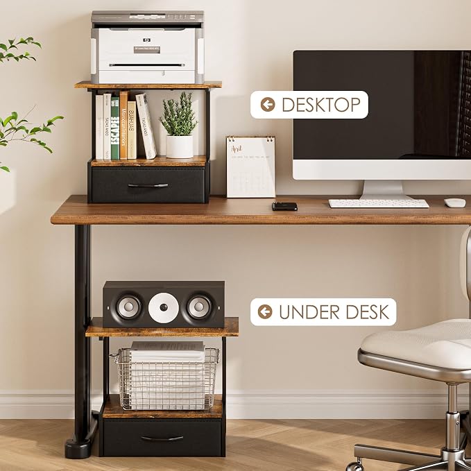 Masupu Printer Stand for Desk, Printer Table with Fabric Storage Drawer, 2 Tier Desktop Shelf, Multi-Purpose Desk Organizer for Home Office, 3D Printer, Fax Machine, Scanner, Rustic Brown