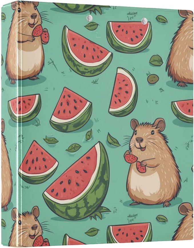Caikeny 3 Ring Binder Capybara Colorful Summer Watermelon 1.5 Inch Binders Round Ring Clipboard with 2 Pockets for Office Supplies