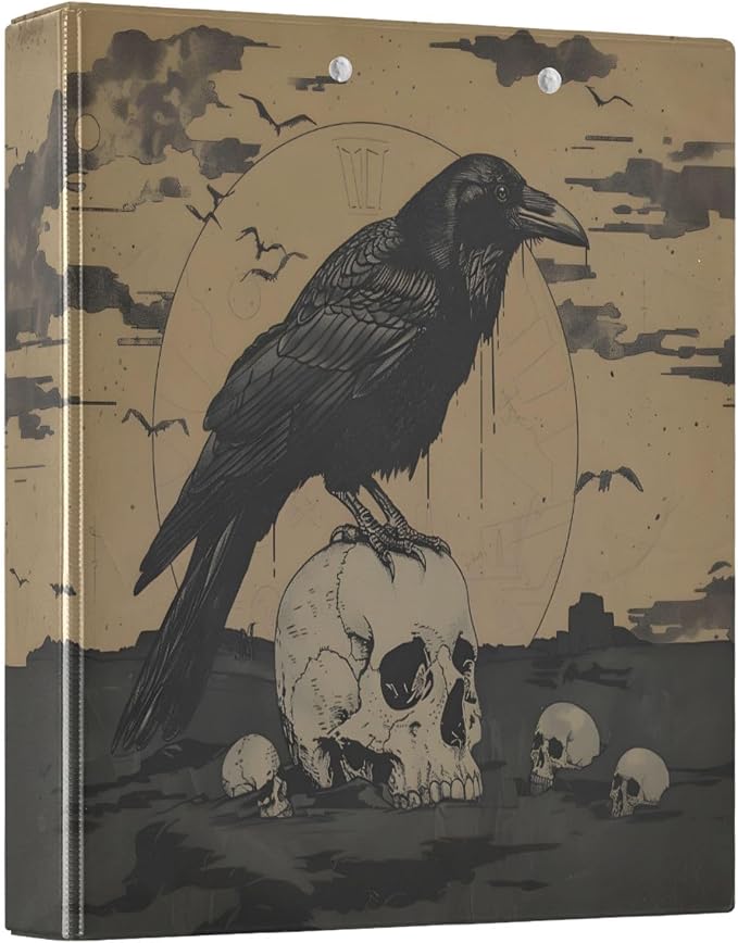 JIPONI 3 Ring Binder Gothic Style Crow 1 Inch Round Binders for Men Women Students, Cute File Organizer for Office Home School