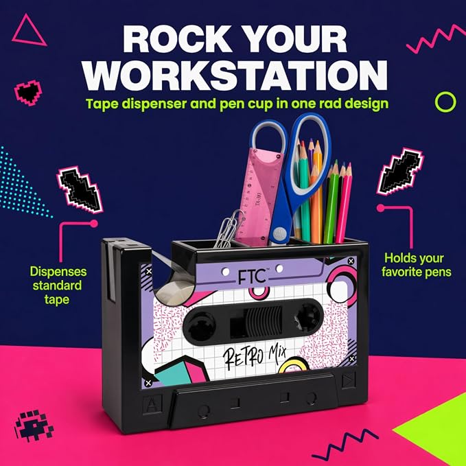 FTC Cassette Tape Dispenser, Retro Desk Organizer & Pen Holder – Fun Novelty Office Supplies for Home or Office 6.7” x 2” x 4.5” (Retro Mix Tape)