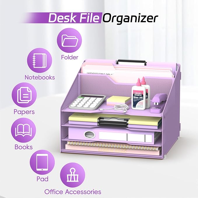 Desk File Organizer, 4 Letter Trays and 2 Upright Sections, Purple | Paper Organizer for Desk with Tiered Letter Trays and Vertical File Holders for Home Office, School and Workspace Use