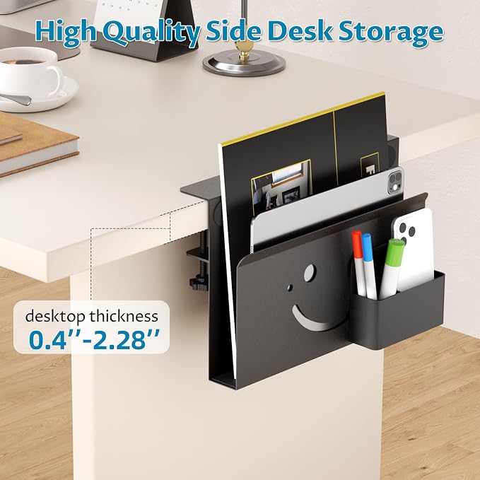 Onemake Desk Side Storage, Funny Smile No Drill Laptop Holder, Clamp on Desks Shelf with Magnetic Pen Holder, Hanging Desk Organizer for Home Office, Fits Flat Edge Tables 0.4" to 2.3"