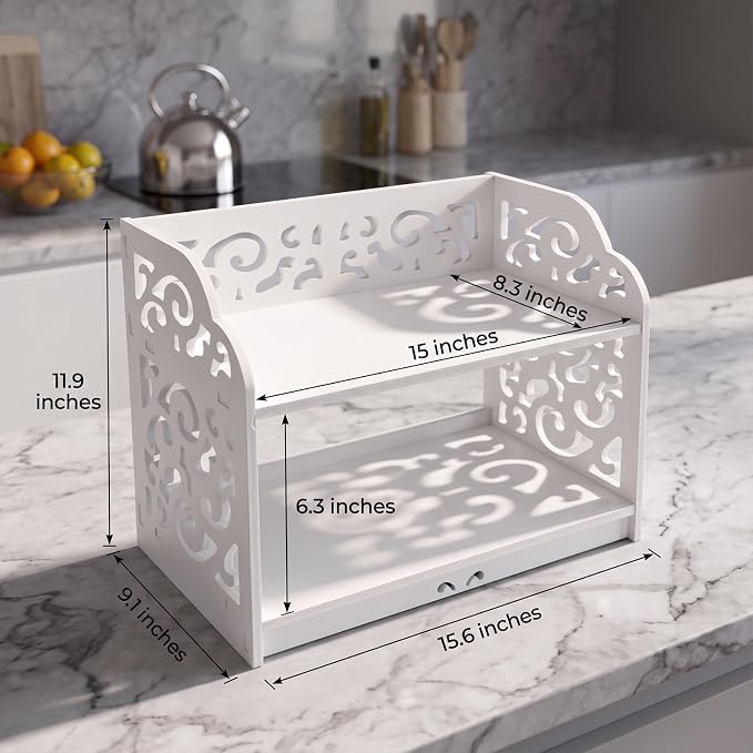 MyGift 2 Tier White Desktop Bookshelf Organizer with Scrollwork Design | Compact two-tier shelf adds stylish storage for books, décor, and office essentials on desks, counters, or living spaces