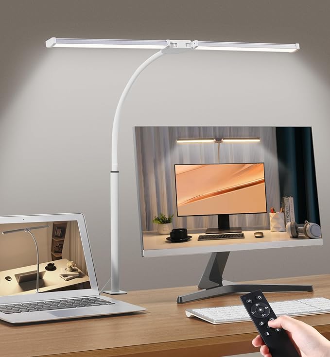 Motumen Led Desk Lamp for Home Office, Eye-Care Desk Light Clamp, White | Smart Double Head Computer Monitor Table Clip Lamp, Adjustable Flexible Goose-Neck, 25 Lighting Models, Task Lamp
