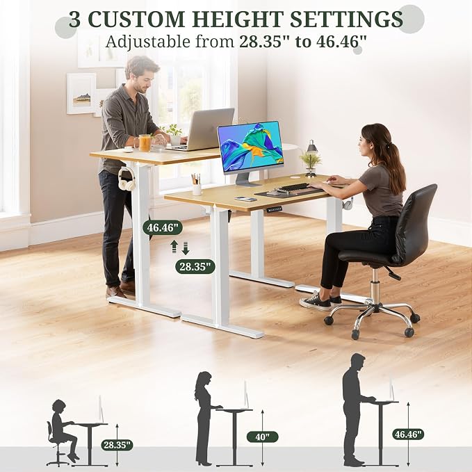 55 x 24 in Electric Standing Desk - Memory Height Adjustable | Ergonomic Sit-to-Stand Rising Computer Table Gaming Workstations with 2 Hooks and Wire Hole for Home Office, Natural