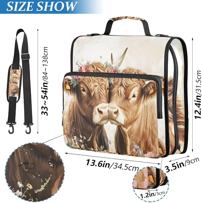 3 D-Ring Zipper Binder Bag, Two Highland Cows in Love Removable Binder with Zipper Case Hold 300+ Sheets& 13 Inch Laptop for School Office Supplies Organizer