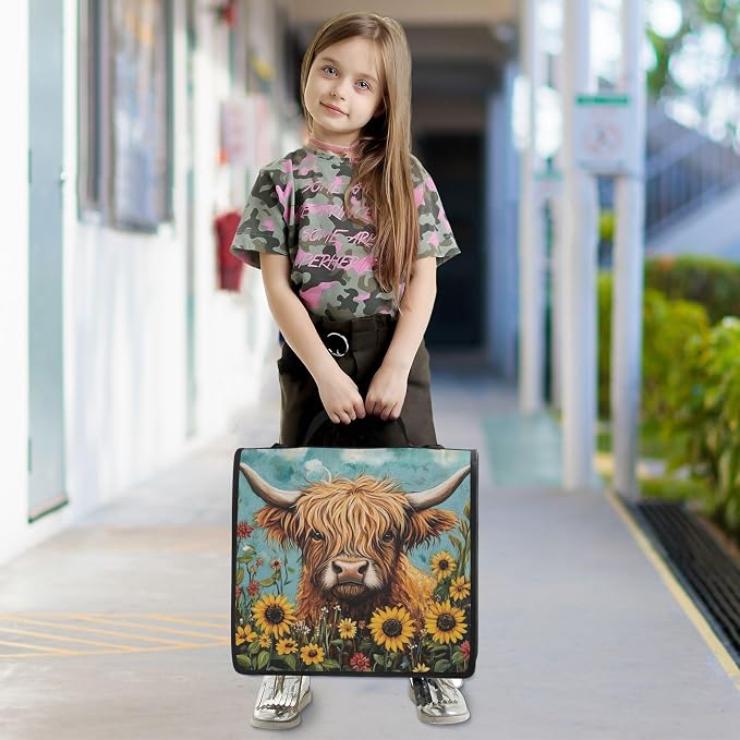 ATTX Sunflowers Highland Cow Zipper Binder with Adjustable Padded Strap - 3 Ring 500 Sheet Capacity Binder Bag with Multi-Pocket Organizer, Fits 12 Inch Laptop