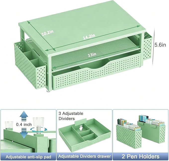 Spacrea Desk Organizer and Accessories, Computer Monitor Stand Riser with Drawer and 2 Pen Holders, Office Desk Accessories & Workspace Organizers for Office Supplies (Sage Green)
