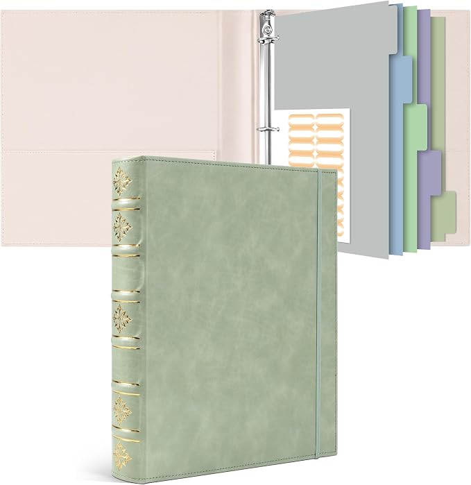 Ospelelf Leather 3 Ring Binder 1 Inch, Vintage Hardback D Ring Binder with Pockets and 5 Tab Dividers, Book Style Document Organizer Fits Letter Size for Home and Office Sage Green