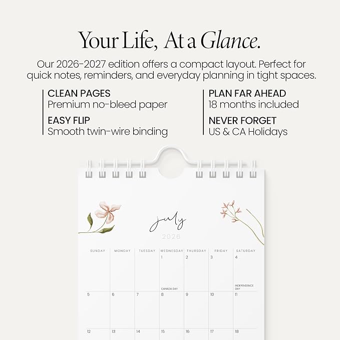 Karto Small Wall Calendar 2026-2027 6x9 in - Flowers | July 2026 to December 2027, Vertical, Boosts Productivity, Easy Monthly Planning