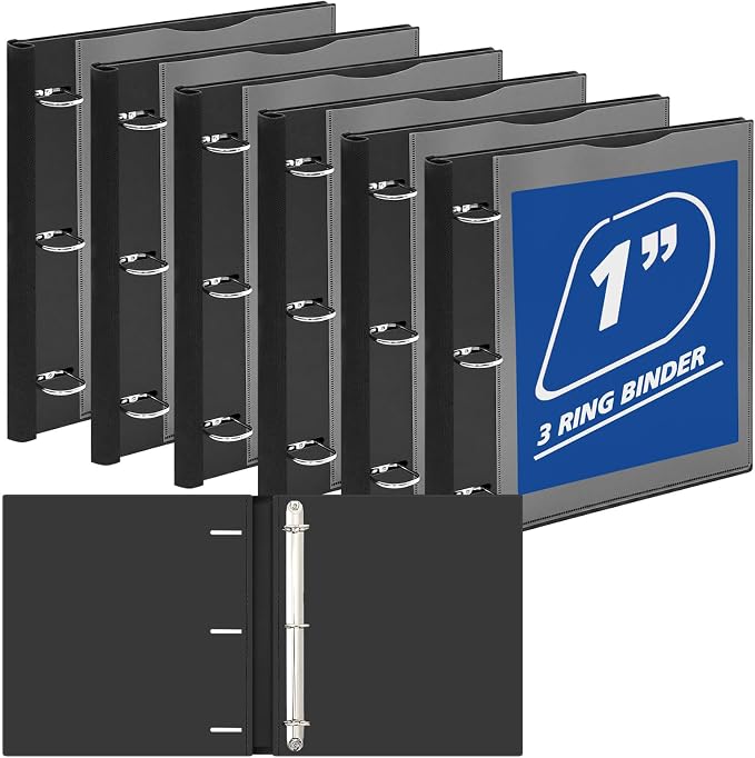 Henoyso 6 Pack 1 Inch D Ring Telescoping 3 Ring Binder Bulk, Binders with Clear Front Pocket and Telescoping Spine, 8.5" x 11" Paper Organizer, Home Office Organization Supplies (Black)