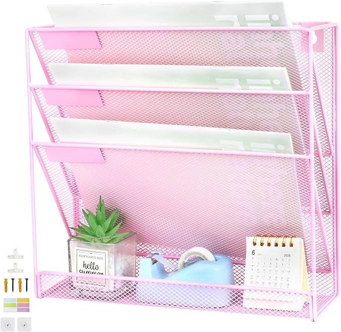 3 Pockets Mesh Wall File Holder Organizer with Bottom Flat Tray, Office Hanging File Folder Magazine Rack, Nametag Label Hooks Set Included, Pink
