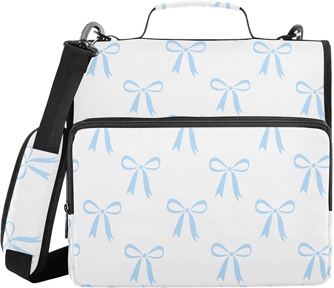 Ribbon Bow White Print Zipper Binder Bag 3 Ring with Shoulder Strap & Handle Multi Pocket Binder Organizer Bag Large Capacity for School Office Supplies