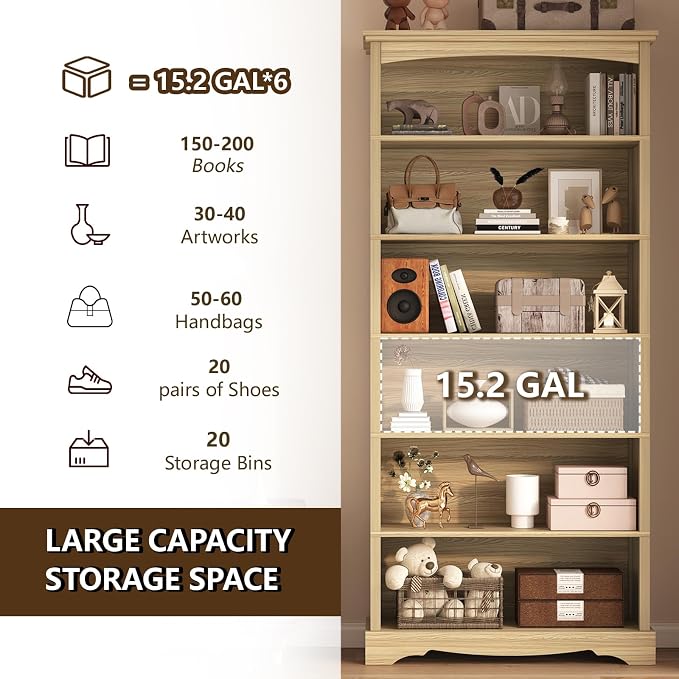 TVU 6-Tier Wooden Bookshelf, 76 Inch Tall Bookshelf with Storage, Floor Standing Modern Style Display Bookcase for Living Room, Office, Study Room, Entryway, Natural Wood Color