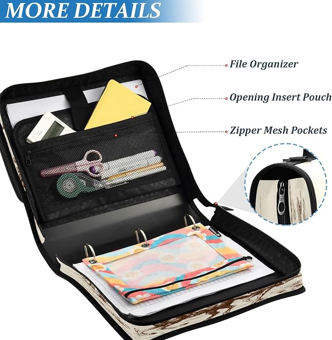 Western Cowboys Print Zipper Binder Bag 3 Ring with Shoulder Strap & Handle Multi Pocket Binder Organizer Bag Large Capacity for School Office Supplies