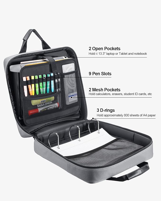 4 Inch Zipper Binder 3 Ring with Shoulder Strap,Tough/Multi-Pocket | Binder Bag with Laptop organizer for School Travel,Fit 13" MacBook & Tablet,800 Sheets Capacity,Water Resistant,Grey