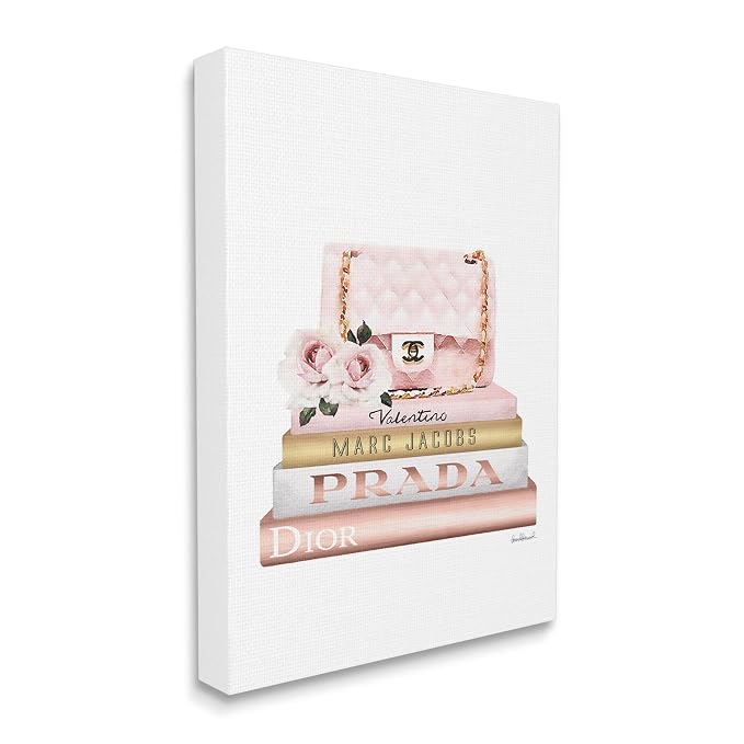 Stupell Industries Pink Purse Gold Bookstack Glam Fashion Watercolor Design, Designed by Amanda Greenwood Wall Art, 36 x 1.5 x 48, Canvas | Stupell Industries | 36 x 48 Inches, Easy to Hang and Sturdy, Made in USA, by Amanda Greenwood
