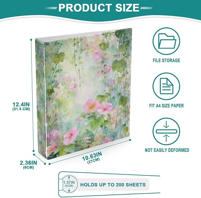 Watercolor Pink Green Spring Floral Binder 3 Ring 1.5 Inch Binder with Clipboard&Pockets, Hardcover Binders Heavy Duty Large File Folder for Office School Supplies - Holds 200 Sheets, 2 PC