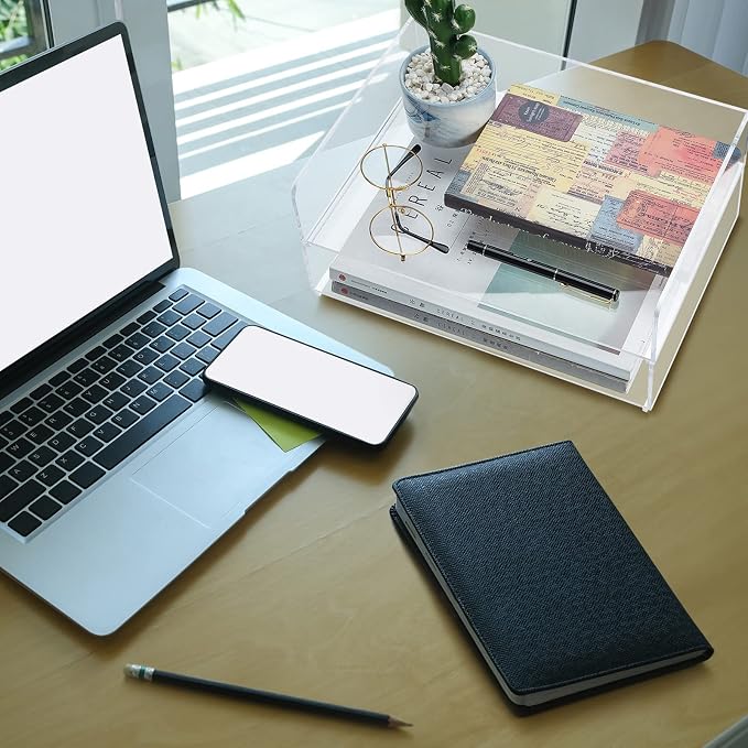 2 Pcs Stackable Acrylic Desk Organizers Paper Tray Storage Tier Accessories Paper File Office Organizer Tray Stackable Document Clear Desk Accessories for Office Workspace Organization