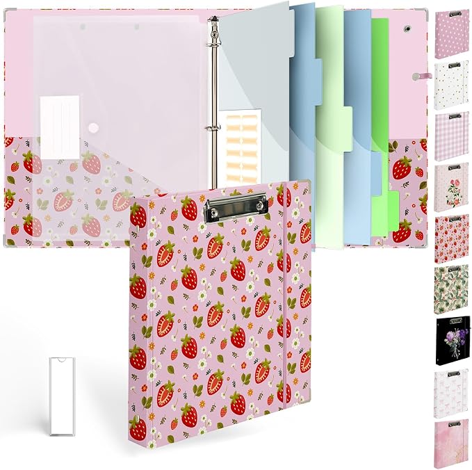 3 Ring Binder 1 inch with Clipboard - Pink Strawberry Design, Includes Dividers, File Bag & Spine Label - Cute and Practical for Students and Organizers, Holographic Waterproof Film