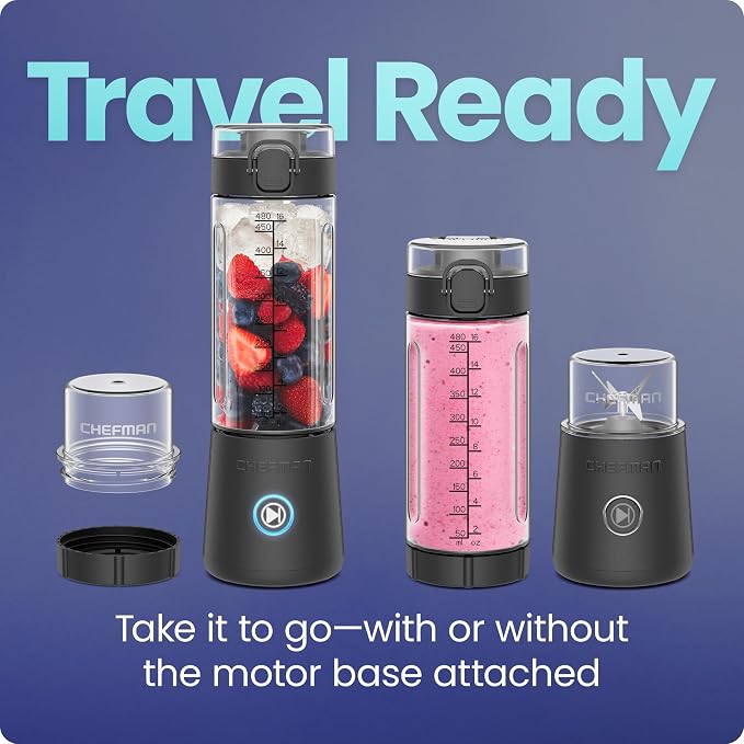 Chefman Cordless Portable Blender for Smoothies and Shakes, BPA-Free 16 oz Blending Jar w/Stainless-Steel Blades, USB-C Rechargeable with Color-Changing LEDs, Dishwasher-Safe Accessories - Black