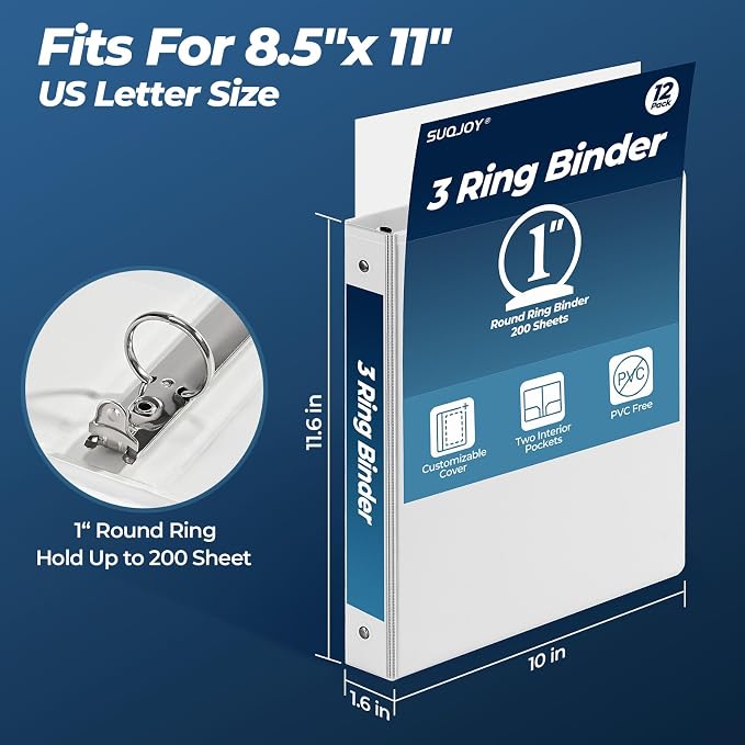 1 Inch 3 Ring Binders 12 Pack, Clear View Binder Bulk, White PVC-Free 3-Ring Binders for School, Office or Home, Fits 8.5 x 11 Inches Paper
